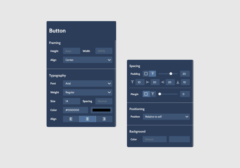 Image displaying edit properties for buttons and text in Phazia
